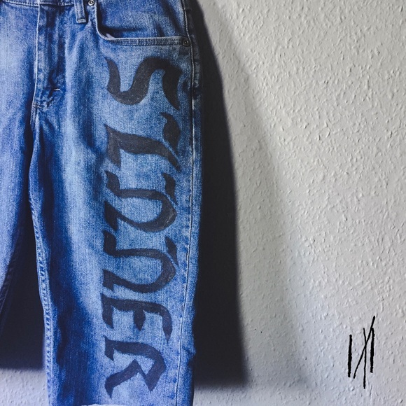 Fire / Sinner / Hand Painted / Denim Shorts - Picture 6 of 8